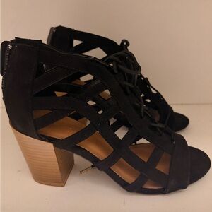 Qupid Black Lace-Up Caged Block Heel Sandals